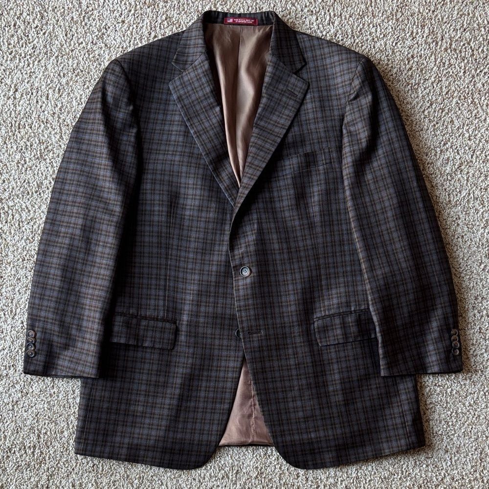 *Recent* Hart Shaffner Marx Brown Blue Plaid Check 2 Button Sport Coat 44 R